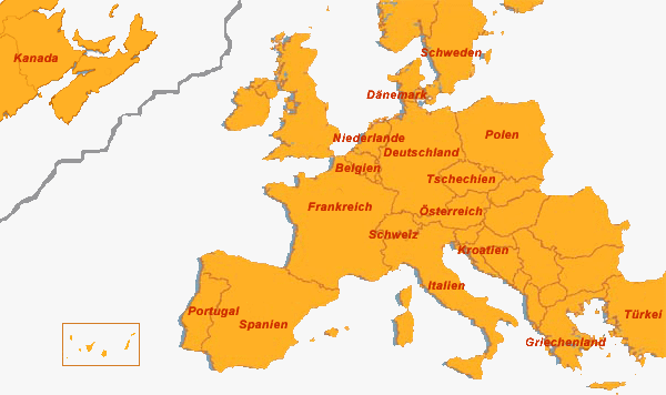 Europakarte - Ferienh�user und Ferienwohnungen in Europa